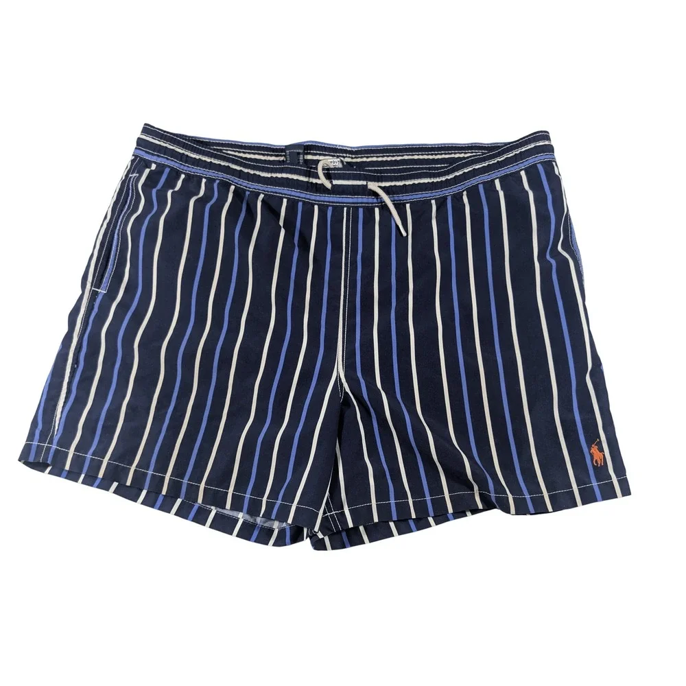 Polo Ralph Lauren Swim Trunks Mens XL Navy Blue Striped Mesh Lined Board Shorts